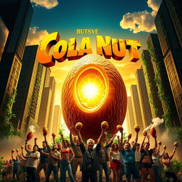 An exhilarating movie poster depicting cola nuts as the powerful heroes combating big evil corporations