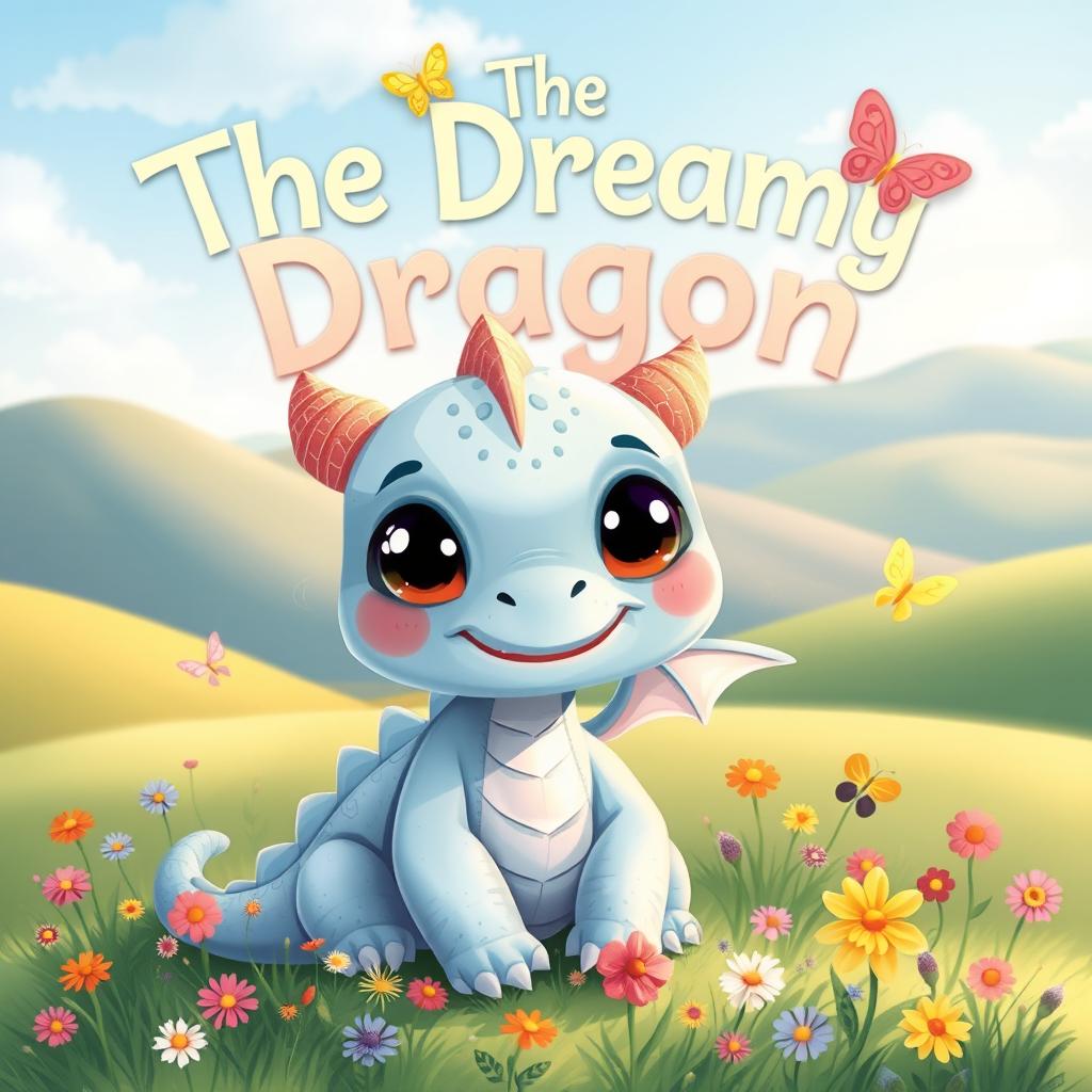 An adorable illustration for a children's storybook titled 'The Dreamy Dragon