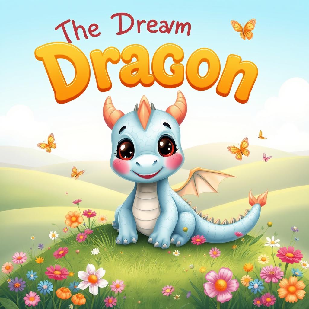 An adorable illustration for a children's storybook titled 'The Dreamy Dragon