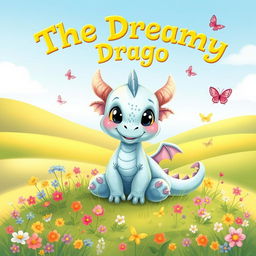 An adorable illustration for a children's storybook titled 'The Dreamy Dragon