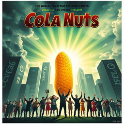 An exciting movie poster showcasing cola nuts as the unlikely heroes saving the world from the clutches of big evil corporations like Coca Cola