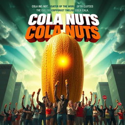 An exciting movie poster showcasing cola nuts as the unlikely heroes saving the world from the clutches of big evil corporations like Coca Cola