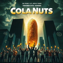 An exciting movie poster showcasing cola nuts as the unlikely heroes saving the world from the clutches of big evil corporations like Coca Cola