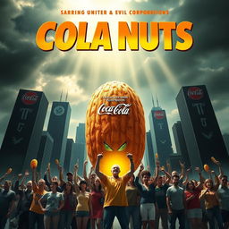 An exciting movie poster showcasing cola nuts as the unlikely heroes saving the world from the clutches of big evil corporations like Coca Cola