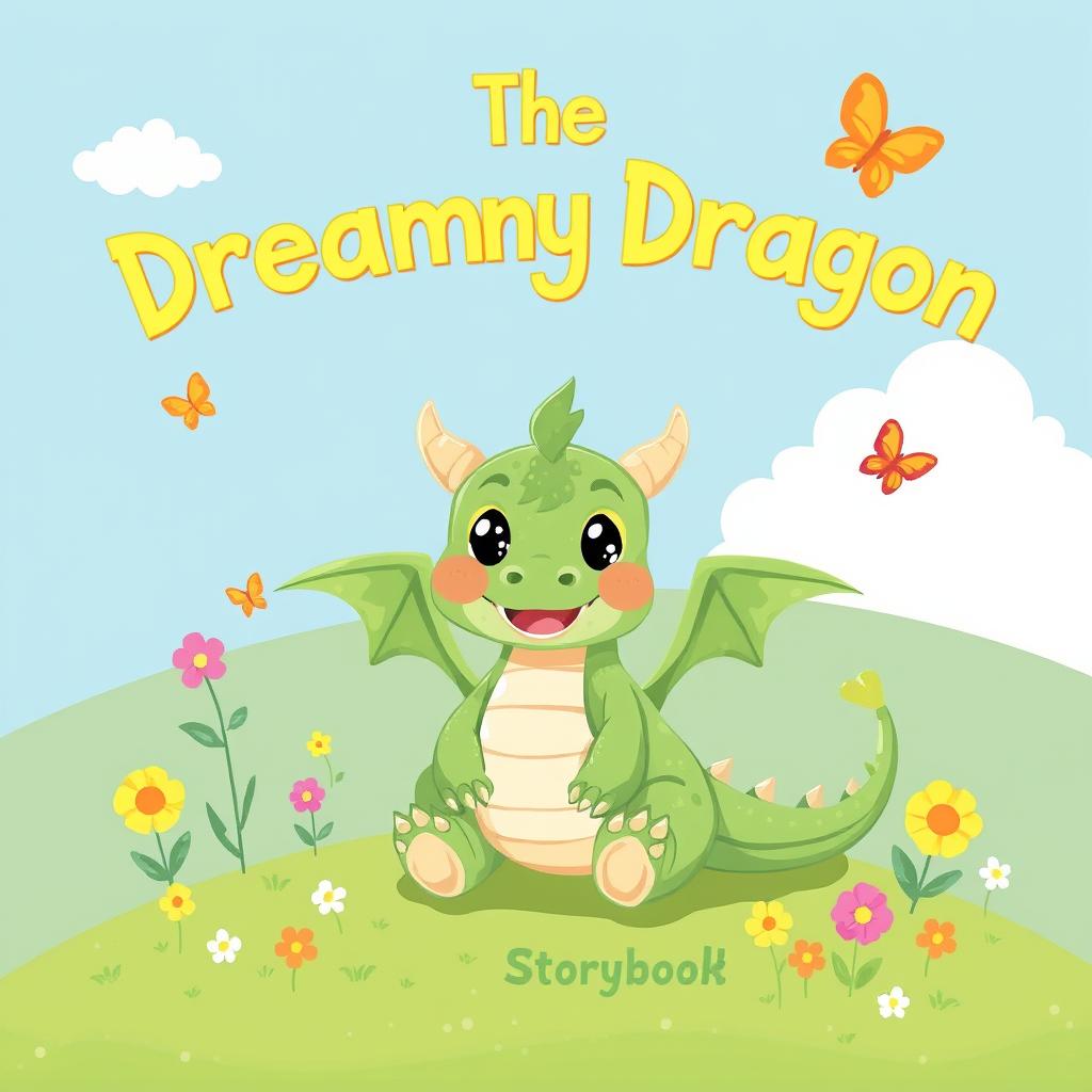 A charming illustration for a children's storybook titled 'The Dreamy Dragon