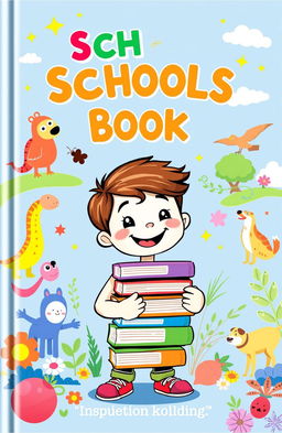 A colorful and engaging book cover designed for school children, featuring a friendly cartoon character holding a stack of books, surrounded by vibrant illustrations of animals and nature