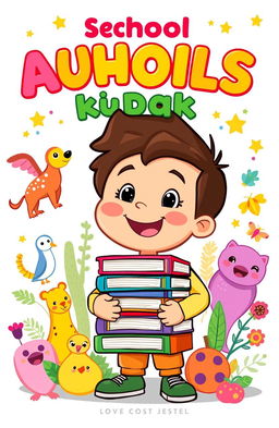 A colorful and engaging book cover designed for school children, featuring a friendly cartoon character holding a stack of books, surrounded by vibrant illustrations of animals and nature