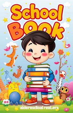 A colorful and engaging book cover designed for school children, featuring a friendly cartoon character holding a stack of books, surrounded by vibrant illustrations of animals and nature