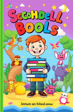 A colorful and engaging book cover designed for school children, featuring a friendly cartoon character holding a stack of books, surrounded by vibrant illustrations of animals and nature