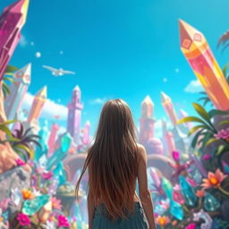 A teenage girl with long flowing hair, viewed from behind, standing in a paradise filled with colorful crystals