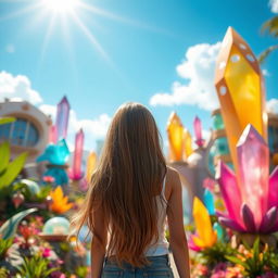 A teenage girl with long flowing hair, viewed from behind, standing in a paradise filled with colorful crystals