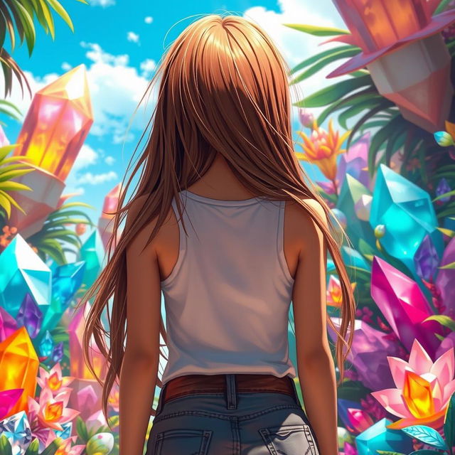 A teenage girl with long flowing hair, viewed from behind, standing in a paradise filled with colorful crystals