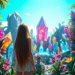 A teenage girl with long flowing hair, viewed from behind, standing in a paradise filled with colorful crystals