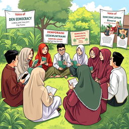 A culturally rich scene representing the 'Voice of Democracy' project with an Islamic perspective at Bina Sejahtera High School in Bogor