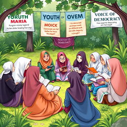 A culturally rich scene representing the 'Voice of Democracy' project with an Islamic perspective at Bina Sejahtera High School in Bogor