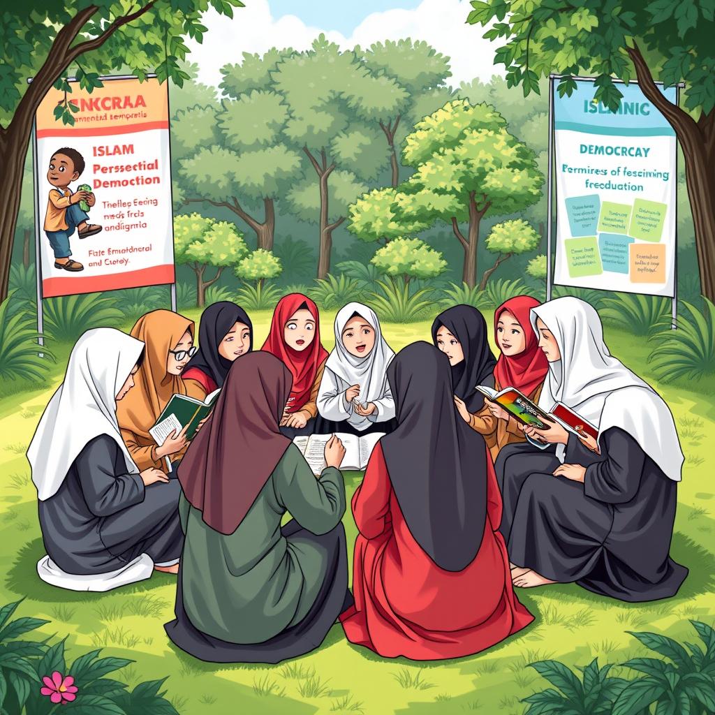 A culturally rich scene representing the 'Voice of Democracy' project with an Islamic perspective at Bina Sejahtera High School in Bogor