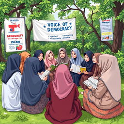 A culturally rich scene representing the 'Voice of Democracy' project with an Islamic perspective at Bina Sejahtera High School in Bogor