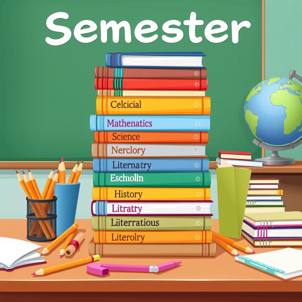 An illustrative representation of a collection of school books for a semester, stacked neatly on a wooden desk