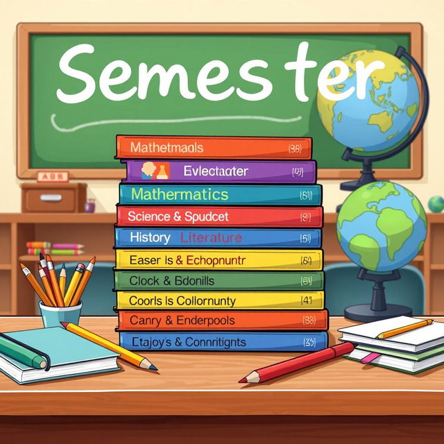 An illustrative representation of a collection of school books for a semester, stacked neatly on a wooden desk