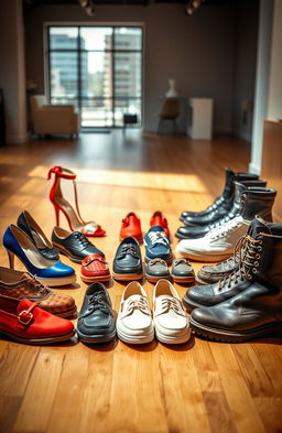 A stylish display of diverse shoes arranged aesthetically on a polished wooden floor