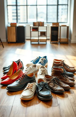 A stylish display of diverse shoes arranged aesthetically on a polished wooden floor