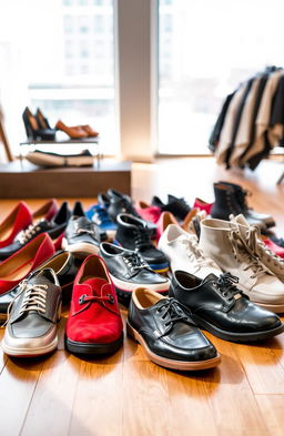 A stylish display of diverse shoes arranged aesthetically on a polished wooden floor