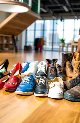 A stylish display of diverse shoes arranged aesthetically on a polished wooden floor