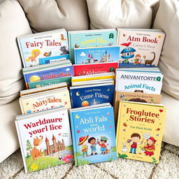 A beautifully illustrated collection of children's books displayed together, featuring bright, eye-catching covers with whimsical designs