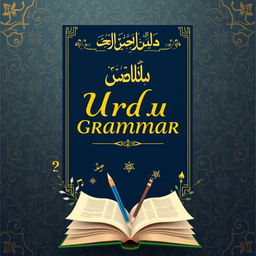 A captivating book cover design for an Urdu grammar textbook, featuring an elegant title at the top in stylish Urdu calligraphy