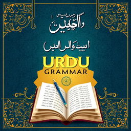 A captivating book cover design for an Urdu grammar textbook, featuring an elegant title at the top in stylish Urdu calligraphy