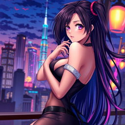 An anime-style illustration of a seductive young woman with striking features and captivating eyes, dressed in a stylish yet revealing outfit that accentuates her figure