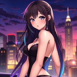 An anime-style illustration of a seductive young woman with striking features and captivating eyes, dressed in a stylish yet revealing outfit that accentuates her figure