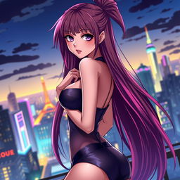 An anime-style illustration of a seductive young woman with striking features and captivating eyes, dressed in a stylish yet revealing outfit that accentuates her figure