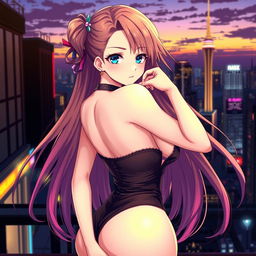 An anime-style illustration of a seductive young woman with striking features and captivating eyes, dressed in a stylish yet revealing outfit that accentuates her figure