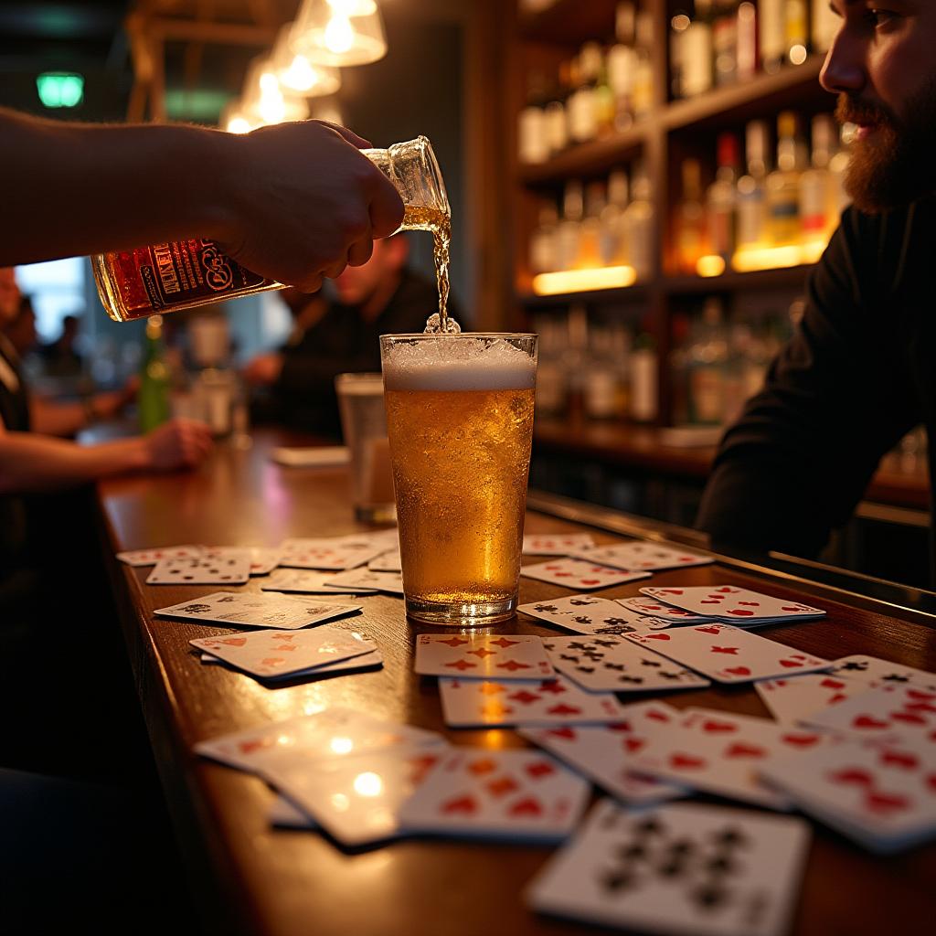 A lively bar counter scene featuring a wooden surface with an array of playing cards spread out, showcasing various suits and values