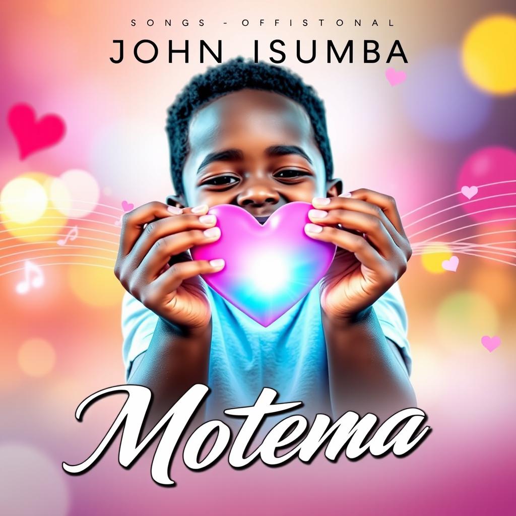 Official music cover for the song "Motema" by artist John Isumba, featuring a young African boy with dark skin joyfully holding a heart in his hands