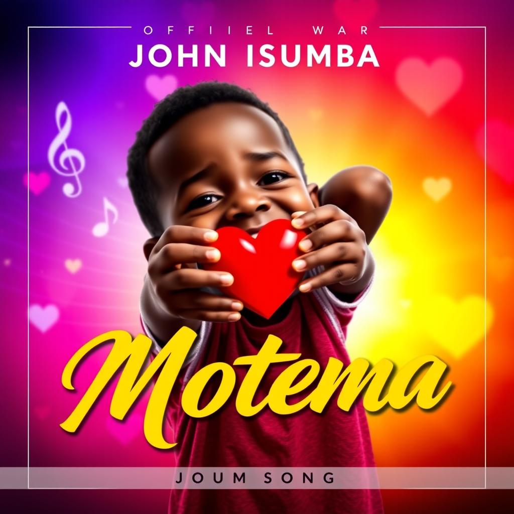 Official music cover for the song "Motema" by artist John Isumba, featuring a young African boy with dark skin joyfully holding a heart in his hands