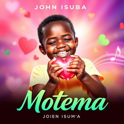 Official music cover for the song "Motema" by artist John Isumba, featuring a young African boy with dark skin joyfully holding a heart in his hands