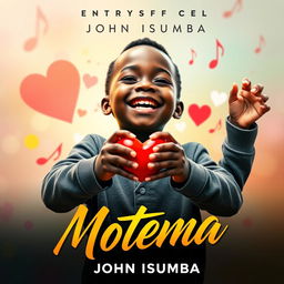 Official music cover for the song "Motema" by artist John Isumba, featuring a young African boy with dark skin joyfully holding a heart in his hands