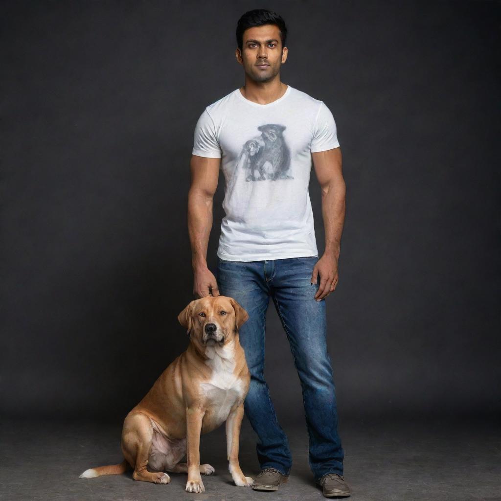 Include a fair-complexioned Indian girl of medium height wearing a t-shirt and jeans, standing close to the muscular, tall Indian man and the Indian Pariah dog, all encompassed in a dark setting.