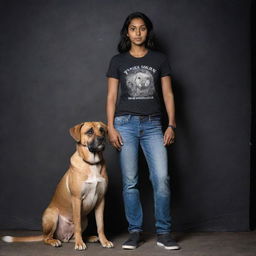 Include a fair-complexioned Indian girl of medium height wearing a t-shirt and jeans, standing close to the muscular, tall Indian man and the Indian Pariah dog, all encompassed in a dark setting.