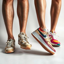 A dynamic photograph focusing on the legs of two people standing side by side, showcasing only one leg from each individual