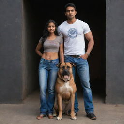 Include a fair-complexioned Indian girl of medium height wearing a t-shirt and jeans, standing close to the muscular, tall Indian man and the Indian Pariah dog, all encompassed in a dark setting.