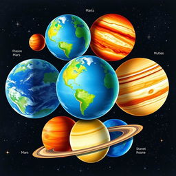 Detailed and complete planetary models for drawing, showcasing various planets in the solar system with unique characteristics