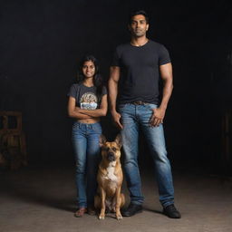 Include a fair-complexioned Indian girl of medium height wearing a t-shirt and jeans, standing close to the muscular, tall Indian man and the Indian Pariah dog, all encompassed in a dark setting.