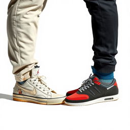 An engaging photograph showcasing the lower halves of two individuals standing side by side, with only one leg from each person visible