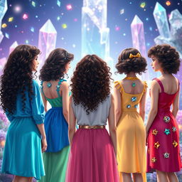 A group of six different teenage girls with curly hair, standing with their backs to the viewer in a beautiful crystal kingdom