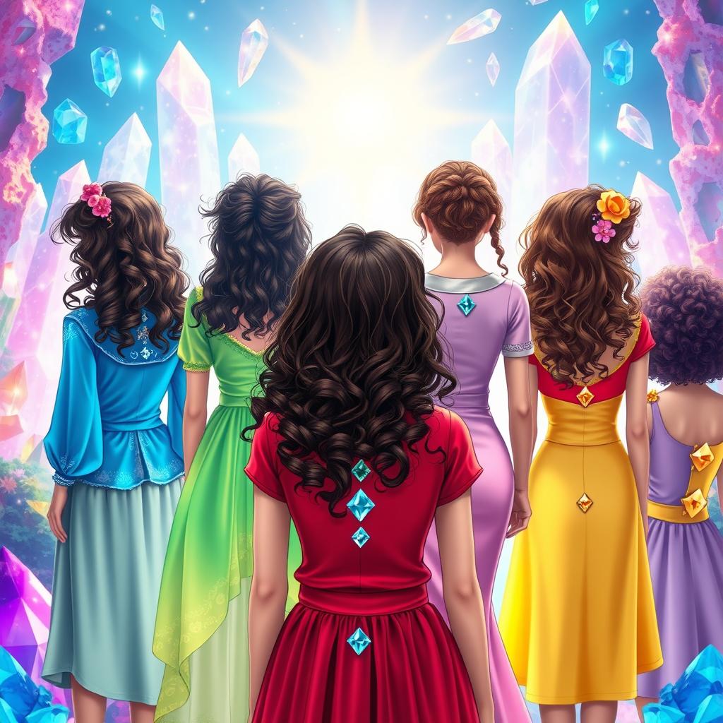 A group of six different teenage girls with curly hair, standing with their backs to the viewer in a beautiful crystal kingdom