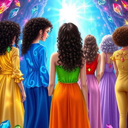 A group of six different teenage girls with curly hair, standing with their backs to the viewer in a beautiful crystal kingdom