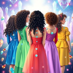 A group of six different teenage girls with curly hair, standing with their backs to the viewer in a beautiful crystal kingdom